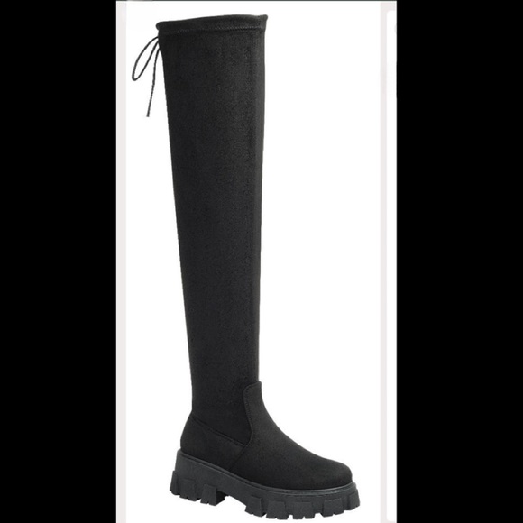 Black Over knee Platform Chunky Heel Boots - Picture 2 of 2